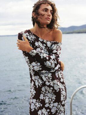 PALM Noosa Goldie Dress Tasman Floral 100% Silk Maxi Dress One Shoulder US 4 AU8